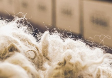 Close-up image of raw wool with soft focus on stacked boxes labeled in the background.