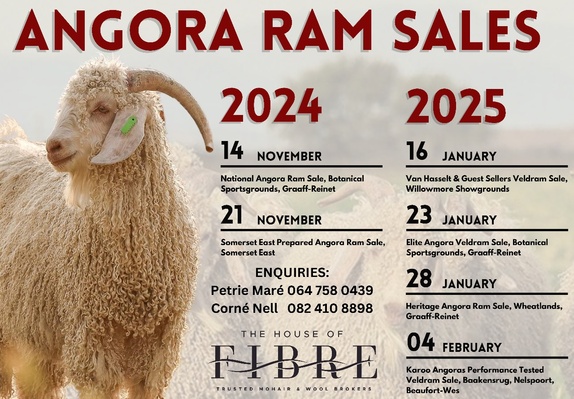 Promotional poster for Angora Ram Sales in 2024 and 2025, featuring various sale dates and locations, like Somerset East, Willmore Showgrounds, and Boesmanskop. Includes contact information for enquiries with a logo for The House of Fibre.